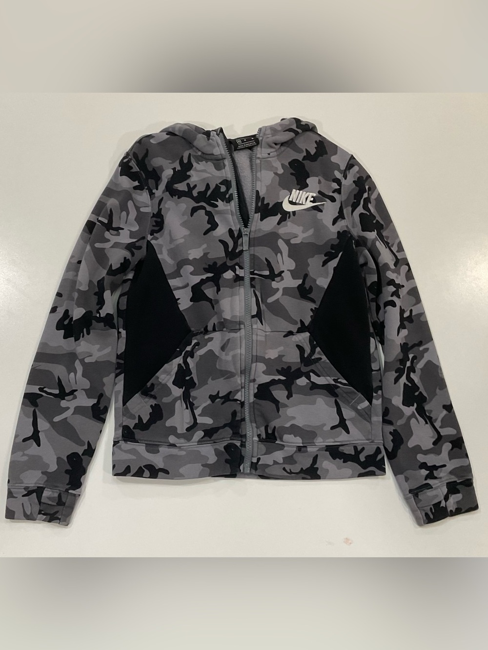 Nike Boys Gray Black Camo Full Zip Hoodie Sweatshirt Fleece Lined - Picture 3 of 8